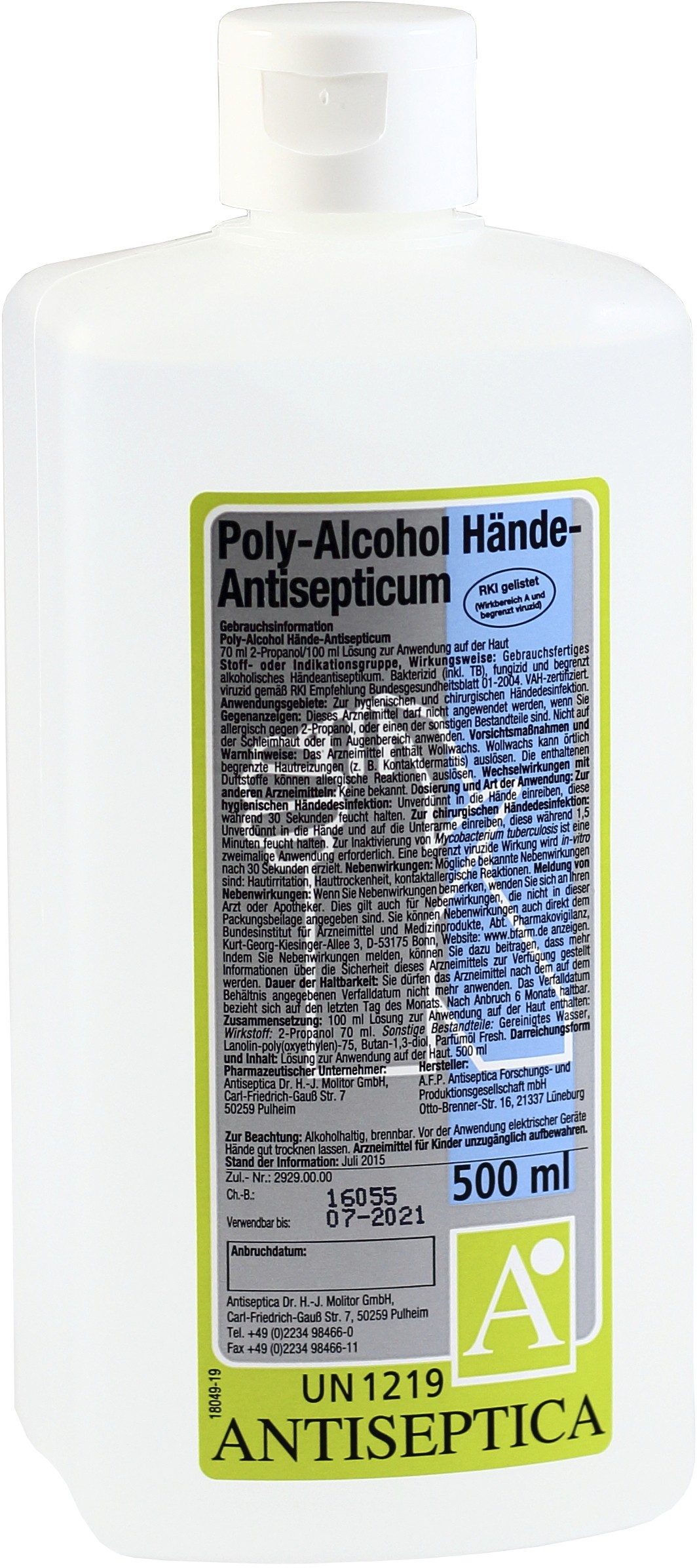 Poly Alcohol Hände, Händedesinfektion 500 ml Flasche